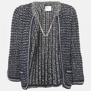 Chanel Navy Blue Crochet Knit Neck Chain Detail Cardigan S