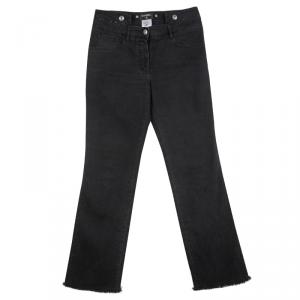 Chanel Black Denim Frayed Bottom High Waist Jeans L