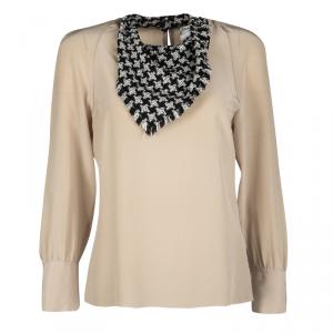Chanel Beige Silk Faux Houndstooth Scarf Detail Long Sleeve Top M