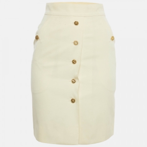 Pre Owned Chanel Boutique Cream Wool Button Detail Pencil Skirt S