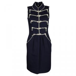 Chanel Navy Blue Textured Pearl Embellished Sleeveless Dress S