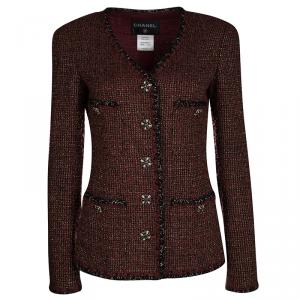 Chanel Red Lurex Knit Contrast Trim Detail Button Front Jacket M