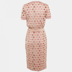 Pre Owned Chanel Pink Sequin Embellished Lurex Knit Skirt Set M