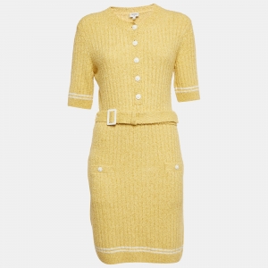 مملوكة مسبقًا Chanel Yellow Cotton Knit Belted Midi Dress M