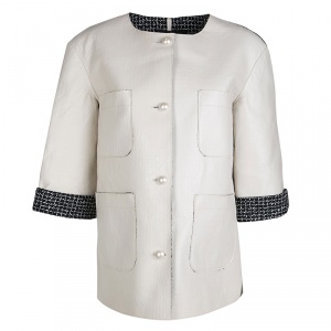Pre Owned Chanel Off White Lambskin Leather Contrast Lined Pearl Buttoned Jacket M