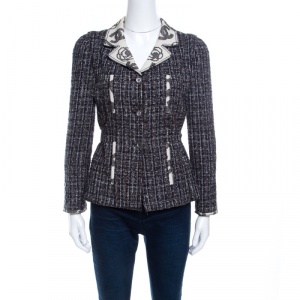 Chanel Vintage Navy Blue and Brown Textured Tie Detail Contrast Trim Buttoned Jacket M