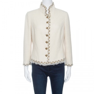 Chanel Cream Textured Wool Lurex Trim Detail Frayed Hem Jacket L