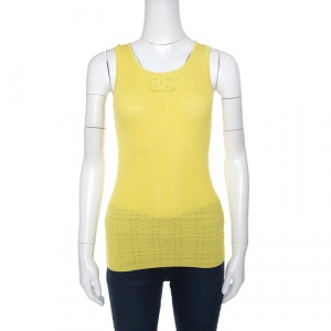 Chanel Yellow Perforated Rib Knit Logo Applique Detail Sleeveless Tank Top S