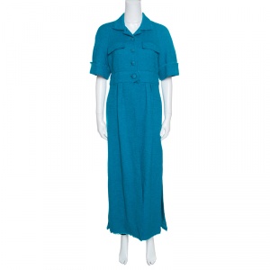 Chanel Blue Textured Slit Detail Short Sleeve Dress Coat M
