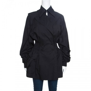 Chanel Black Nylon Smocked Waist Double Breasted Trench Coat M