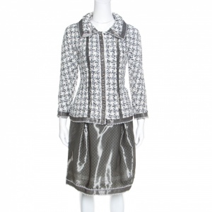 Chanel Grey and White Textured Lace Trim Jacket and Skirt Set M