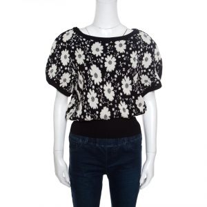 Chanel Monochrome Floral Jacquard Knit Ribbed Trim Short Sleeve Top M