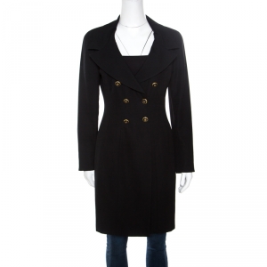 Chanel Boutique Vintage Black Wool Low Cut Double Breasted Coat M