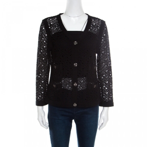 Chanel Black Perforated Knit Button Front Four Pocket Cardigan L