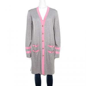 Chanel Grey Cotton and Cashmere Knit Contrast Trim Long Cardigan L