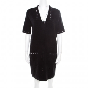 Chanel Black Textured Knit Faux Pearl Studded Short Sleeve Dress M