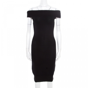 Chanel Black Chunky Rib Knit Off Shoulder Bodycon Dress M