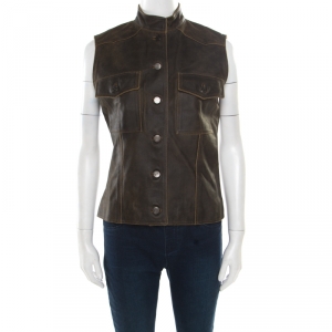Chanel Vintage Dark Brown Calfskin Leather Button Front Vest M