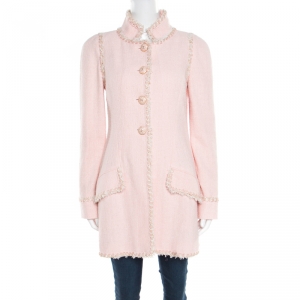 Chanel Baby Pink Cotton Lurex Insert Tweed Button Front Long Coat M