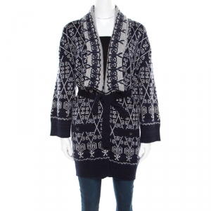 Chanel Navy Blue and White Patterned Knit Cashmere Belted Cardigan M