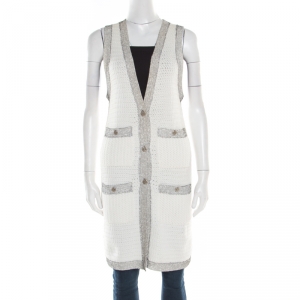 Chanel White Contrast Mesh Trim Sleeveless Long Cardigan S