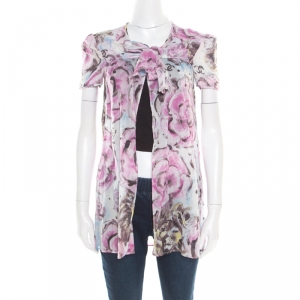 Chanel Multicolor Floral Printed Cotton Neck Tie Detail Open Front Blouse S