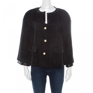 Chanel Black Textured Knit Leather Trim Logo Pearl Button Jacket  M