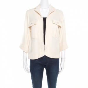 Chanel Cream Textured Wool Open Front Jacket S