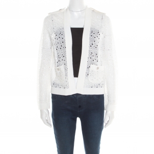 Chanel Off White Perforated Crochet Knit Button Front Cardigan S
