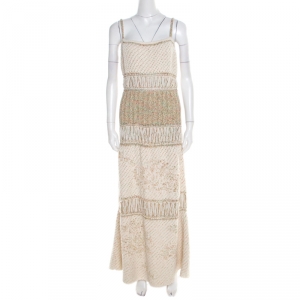 Chanel Cream Chunky Textured Distressed Knit Sleeveless Maxi Dress L