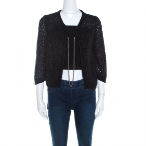 Chanel Black Open Weave Silver Tone Chain Detail Cropped Cardigan M
