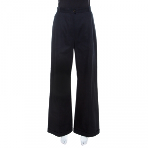 Chanel Navy Blue Cotton High Waist Tailored Wide Leg Trousers M