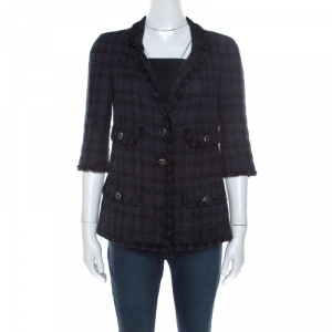 Chanel Navy Blue Tweed Contrast Boucle Trim Classic Blazer M