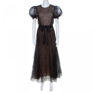 Chanel Black Polka Dot Mesh Overlay Belted Midi Dress M