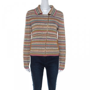 Chanel Multicolor Rib Knit Cotton Zip Front Jacket M