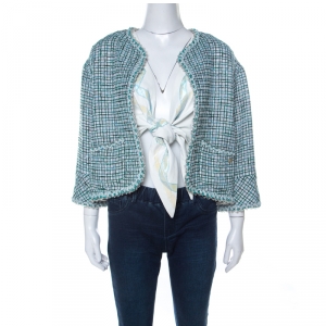 Chanel Green & Iridescent Tweed Inner Lambskin Front Tie Waistcoat Jacket M