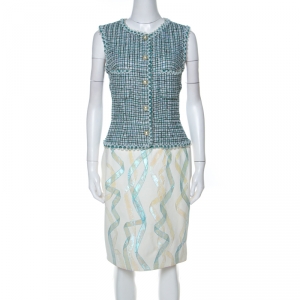 Chanel Green & White Tweed and Lambskin Iridescent Detail Dress M