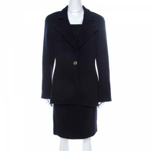 Chanel Boutique Vintage Navy Blue Boucle Wool Skirt Suit L 