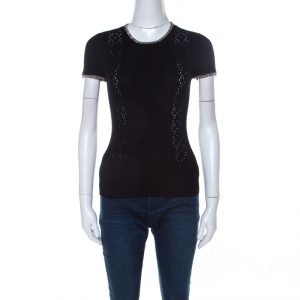 Chanel Black Ribbed Knit Coco Cuba Short Sleeve Top M 