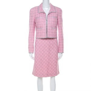 Chanel Pink Cotton Wool Tweed Lurex Detail Dress Suit M