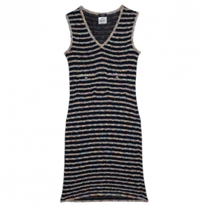Pre Owned Chanel Stripe Tweed & Knit Dress S