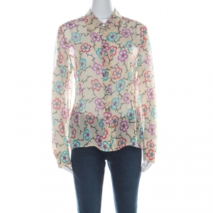 Chanel Cream Silk Chiffon Floral Logo Printed Sheer Shirt M 