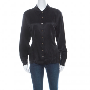 Chanel Vintage Black Silk Satin Button Front Classic Shirt M 
