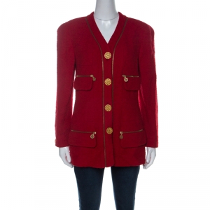 Chanel Red Wool Zipper Detail Vintage Blazer M