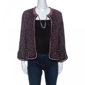 Chanel Black & Pink Tweed Neck Chain Detail Jacket L