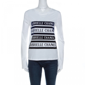 Chanel White Cotton Long Sleeve Velvet Detail Gabrielle T Shirt S