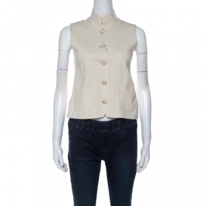 Chanel Ivory Geometric Knit Silk Blend Mandarin Collar Vest Jacket S