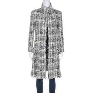 Pre Owned Chanel Grey Silk Blend Tweed Frayed Edge Coat S