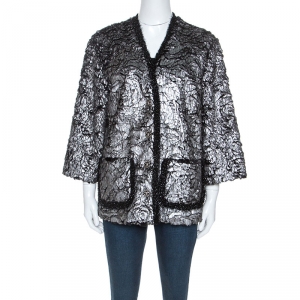 Chanel Silver and Black Lurex Trimmed Faux Fur Jacket M
