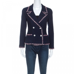 Pre Owned Chanel Navy Blue Wool Ribbon Trim Boucle Jacket S